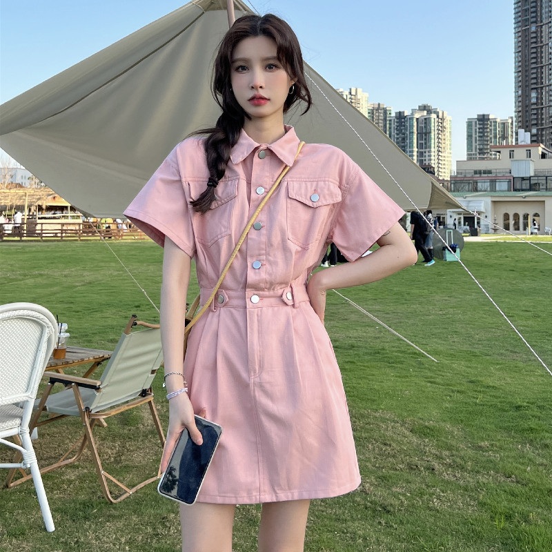 카라 반팔 핑크 원피스 미디 스커트 핑크 S - 상품 이미지