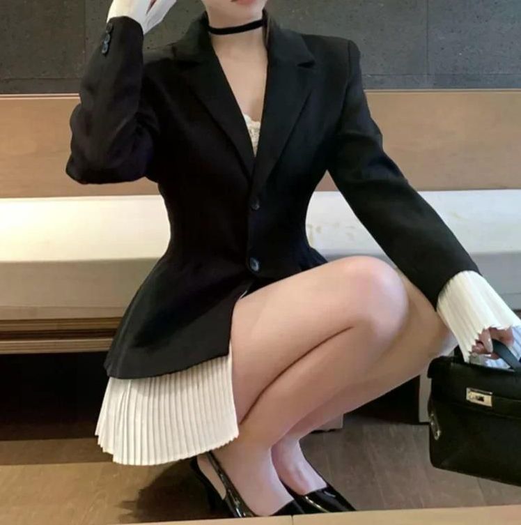 여친룩 데이트룩 블레이저 코트 여성용 세트 재킷 싱글 브레스트 긴 소매 블랙 슬림 아우터 S - 상세 이미지 5