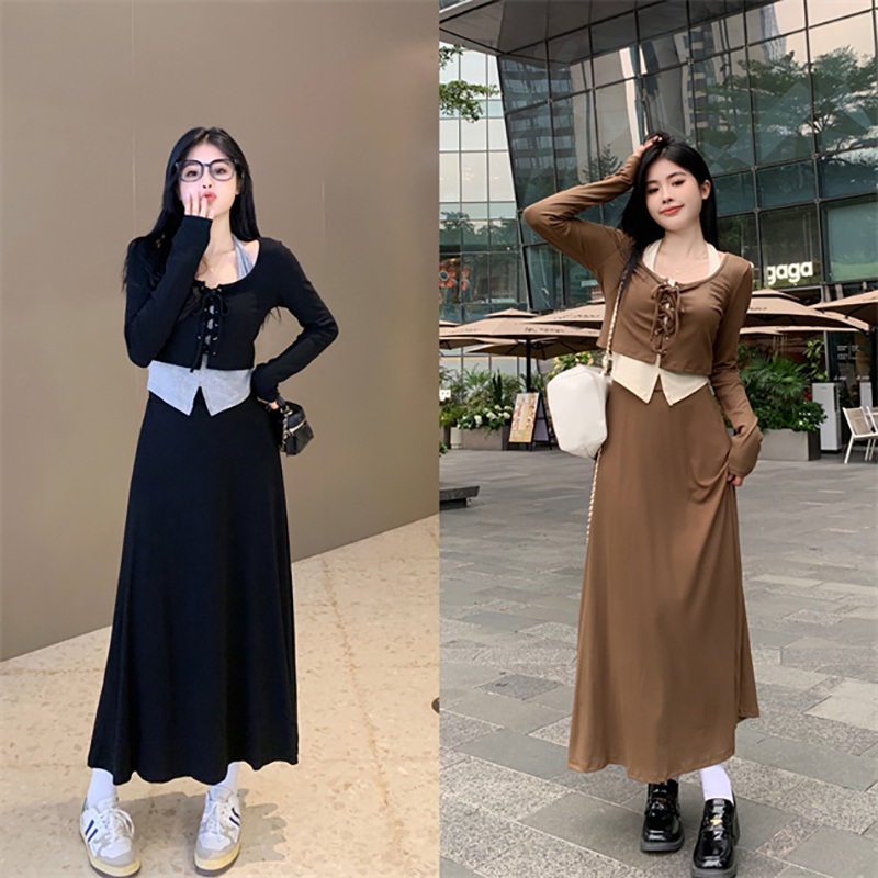 홀터넥나시 가디건 롱스커트세트 쓰리피스 셋업 빅사이즈 4XL까지 휴가 여행 데일리 2컬러 - 상품 이미지