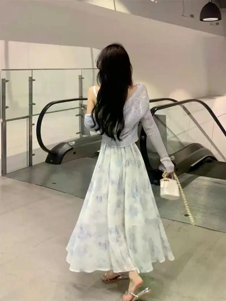 초자연 쉬폰 꽃 탱크 드레스 새로운 2024 여성 봄 허리 장착 슬리밍 a 라인 롱 플리츠 S - 상세 이미지 4