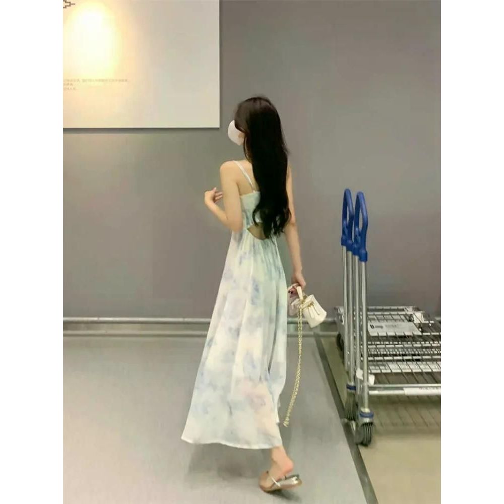 초자연 쉬폰 꽃 탱크 드레스 새로운 2024 여성 봄 허리 장착 슬리밍 a 라인 롱 플리츠 S - 상품 이미지
