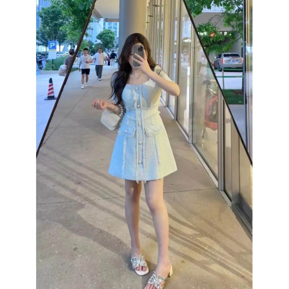 스퀘어넥 반팔 트위드원피스 슬림핏 고급 하객룩 펄감 정장 반짝 빅사이즈 3XL까지 3컬러 - 상세 이미지 3