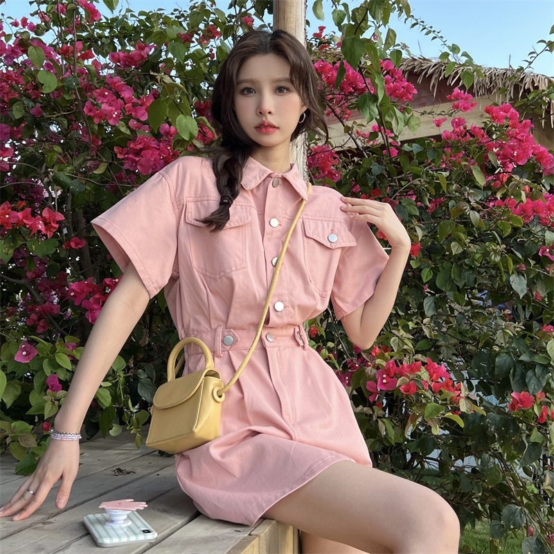 카라 반팔 핑크 원피스 미디 스커트 핑크 S - 상세 이미지 3