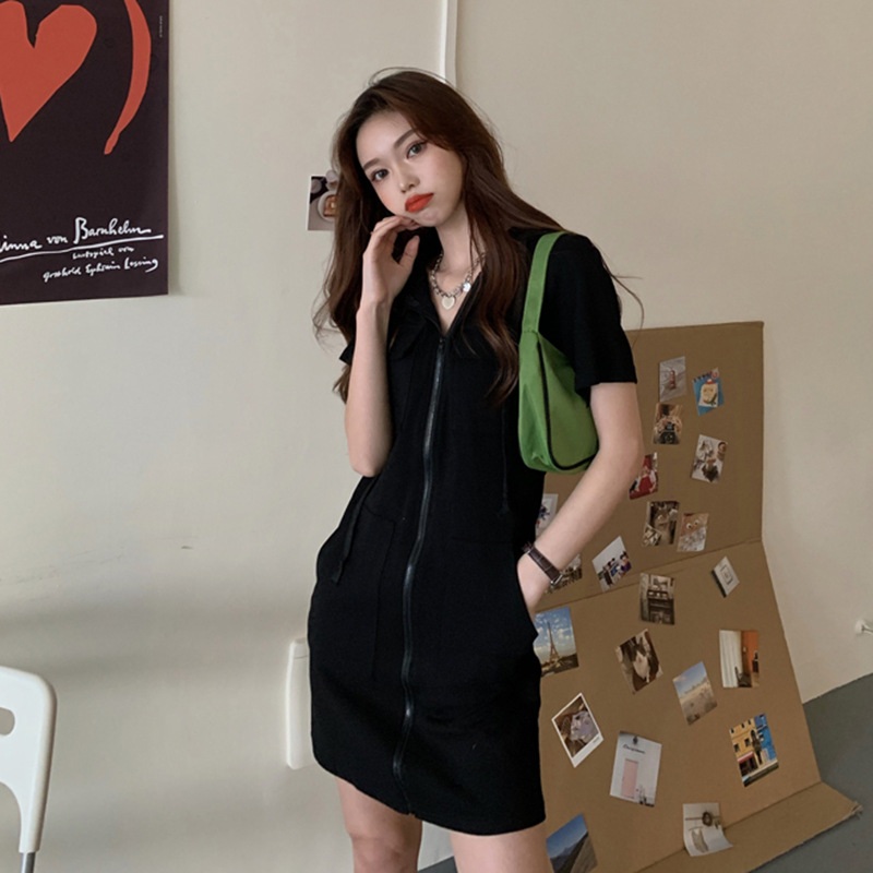여름 캐주얼 후드 반팔 지퍼 원피스 면 A라인 - 상세 이미지 5