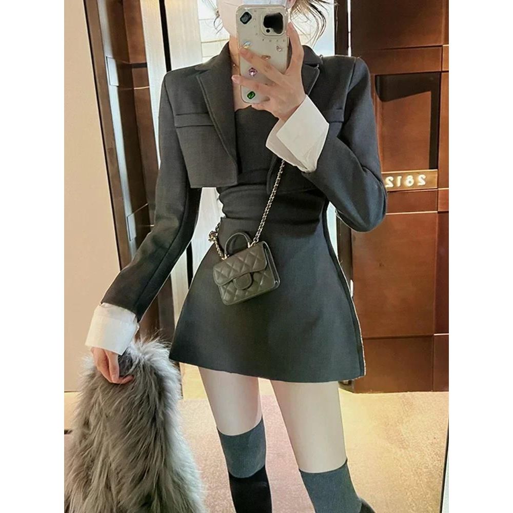 여친룩 데이트룩 블랙 투피스 원피스 세트 블레이저 코트 스트랩 캐주얼 슬림 우아한 신상 블랙 S - 메인 이미지