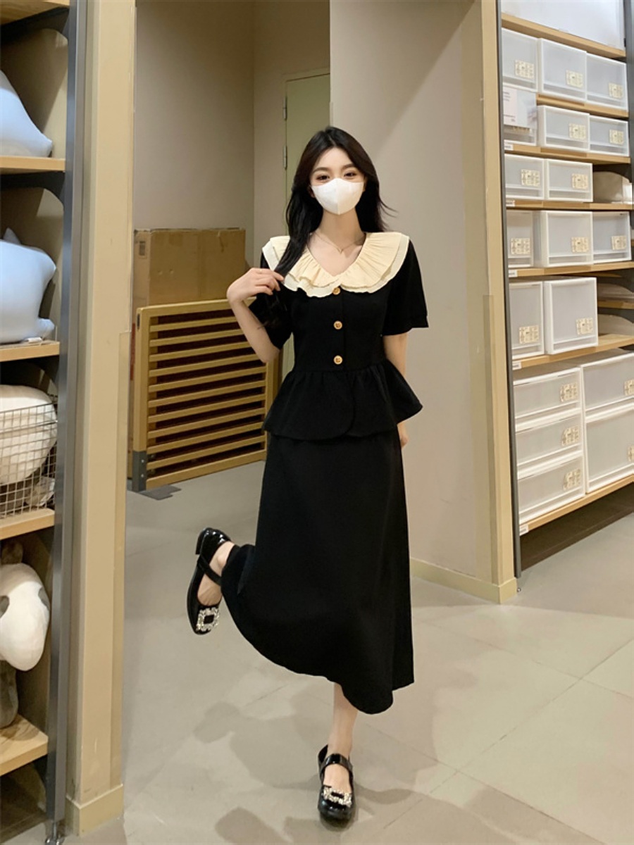 프릴카라반팔블라우스 롱스커트 세트 투피스 셋업 금장단추 하이웨스트 4XL까지 하객룩 여름 - 상세 이미지 5