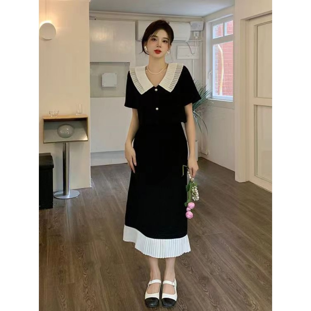 반팔블라우스 롱스커트 세트 크롭 유니크카라 밑단포인트 블랙화이트배색 여름 하객룩 4XL까지 - 상세 이미지 4