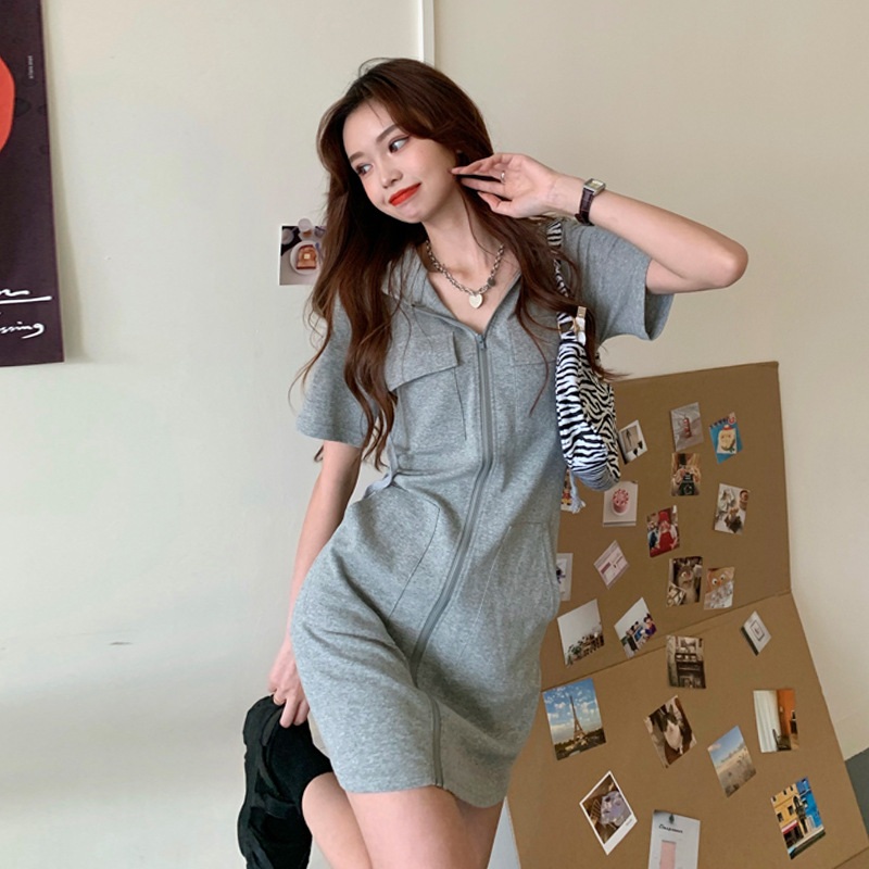 여름 캐주얼 후드 반팔 지퍼 원피스 면 A라인 - 상세 이미지 2
