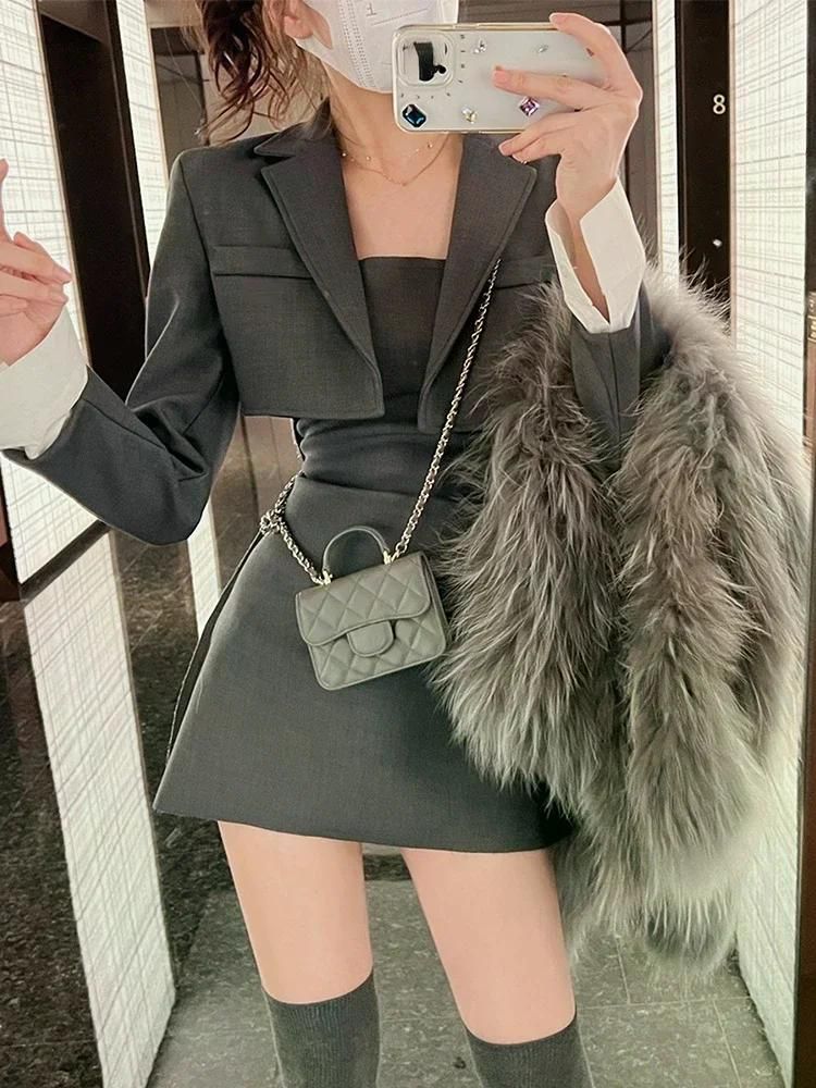 여친룩 데이트룩 블랙 투피스 원피스 세트 블레이저 코트 스트랩 캐주얼 슬림 우아한 신상 블랙 S - 상세 이미지 2