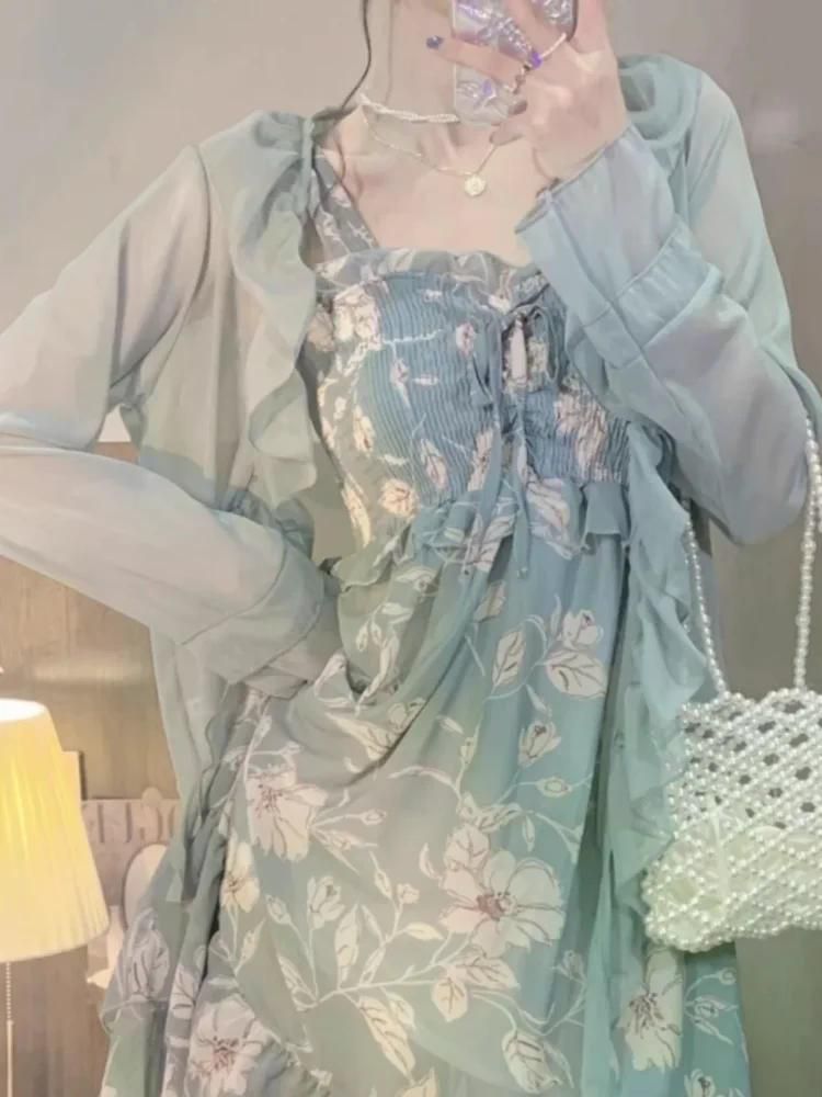 여친룩 데이트룩 봄 하이 엔드 투피스 양복 긴 드레스 여성을위한 우아한 꽃 분할 탱크 37.5kg-45.0kg (가디건) - 상세 이미지 4