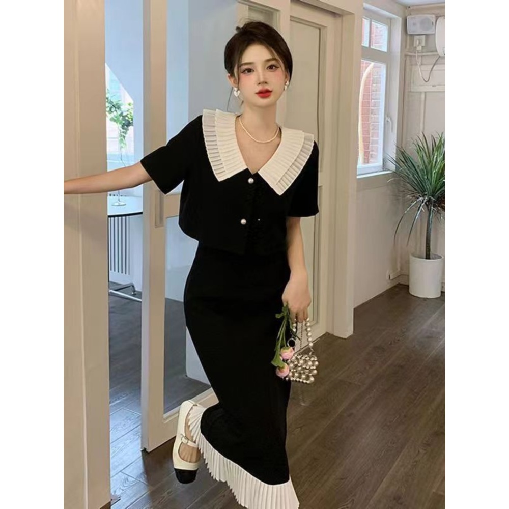 반팔블라우스 롱스커트 세트 크롭 유니크카라 밑단포인트 블랙화이트배색 여름 하객룩 4XL까지 - 상세 이미지 3