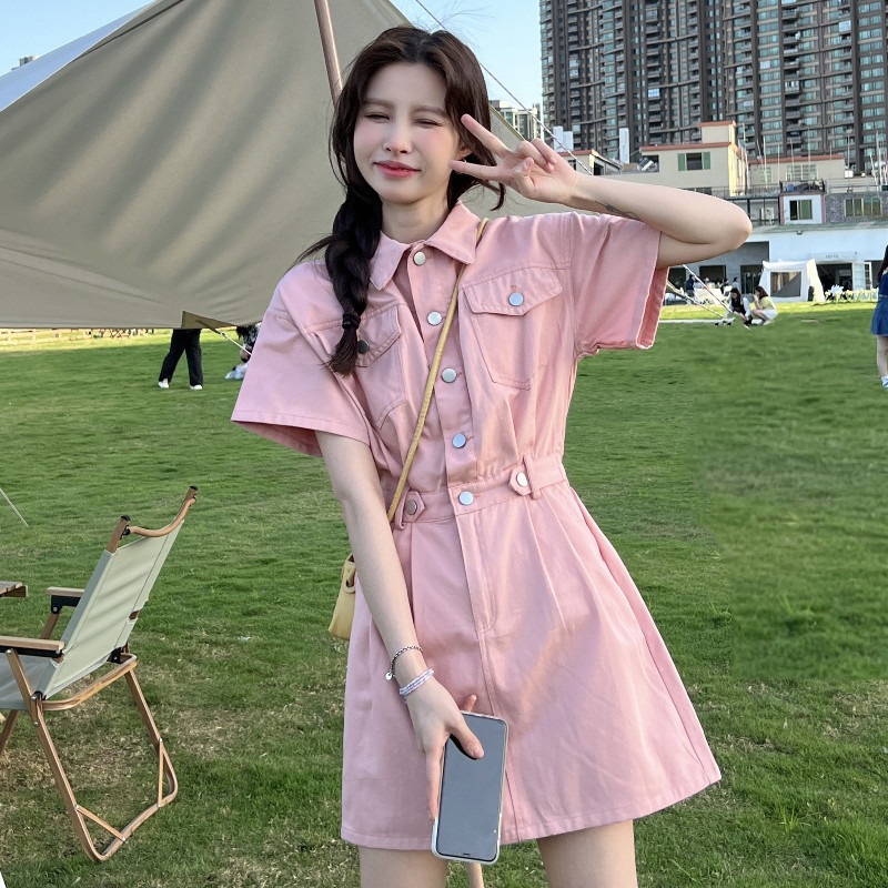 카라 반팔 핑크 원피스 미디 스커트 핑크 S - 상세 이미지 2