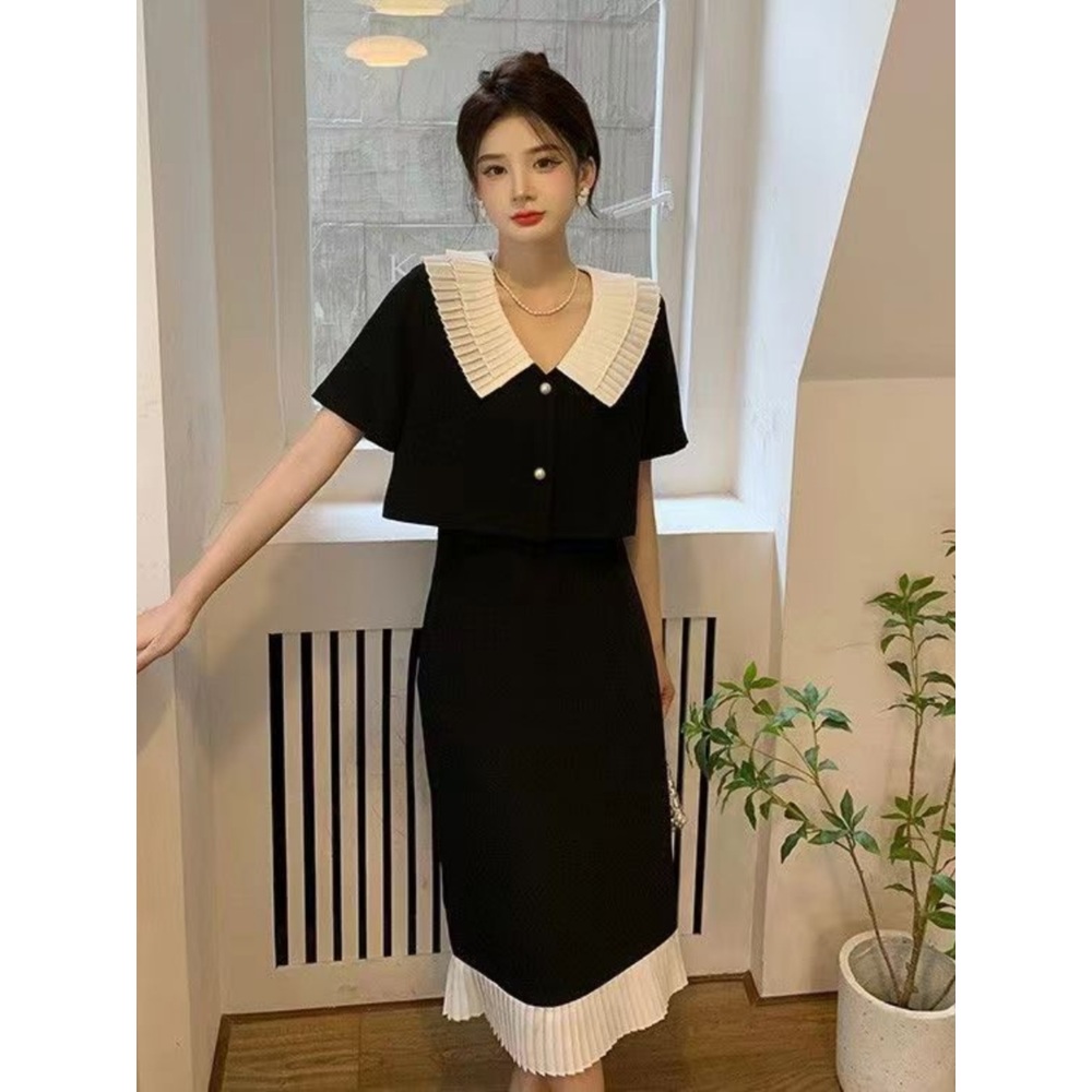 반팔블라우스 롱스커트 세트 크롭 유니크카라 밑단포인트 블랙화이트배색 여름 하객룩 4XL까지 - 상세 이미지 2