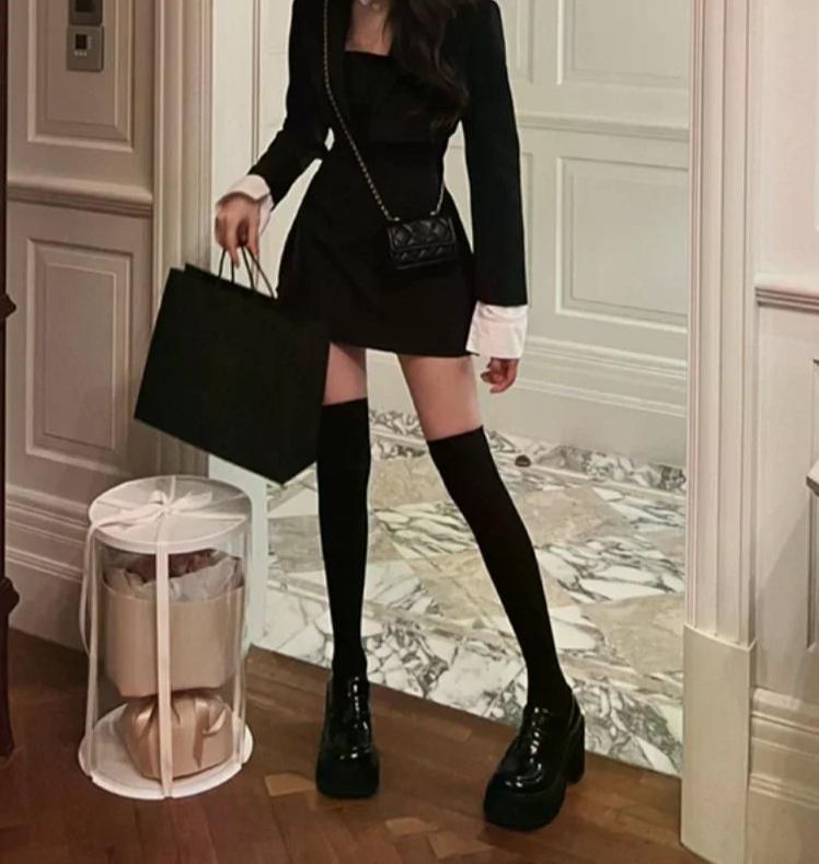 여친룩 데이트룩 블랙 투피스 원피스 세트 블레이저 코트 스트랩 캐주얼 슬림 우아한 신상 블랙 S - 상세 이미지 5