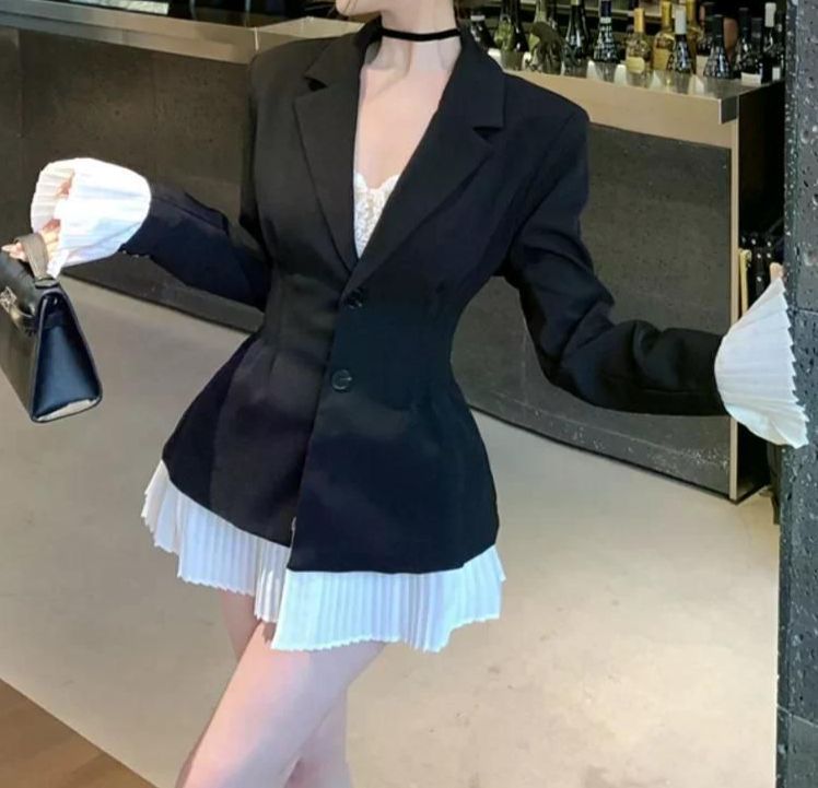 여친룩 데이트룩 블레이저 코트 여성용 세트 재킷 싱글 브레스트 긴 소매 블랙 슬림 아우터 S - 상세 이미지 3