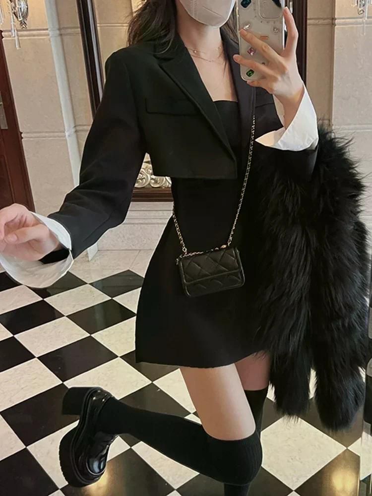 여친룩 데이트룩 블랙 투피스 원피스 세트 블레이저 코트 스트랩 캐주얼 슬림 우아한 신상 블랙 S - 상세 이미지 3