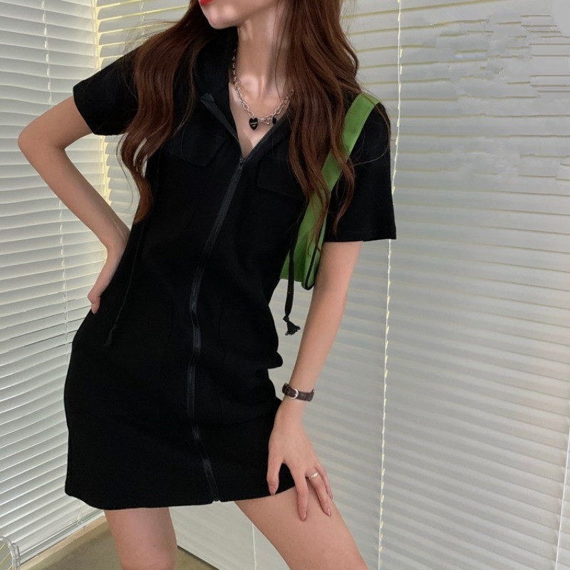 여름 캐주얼 후드 반팔 지퍼 원피스 면 A라인 - 상세 이미지 4