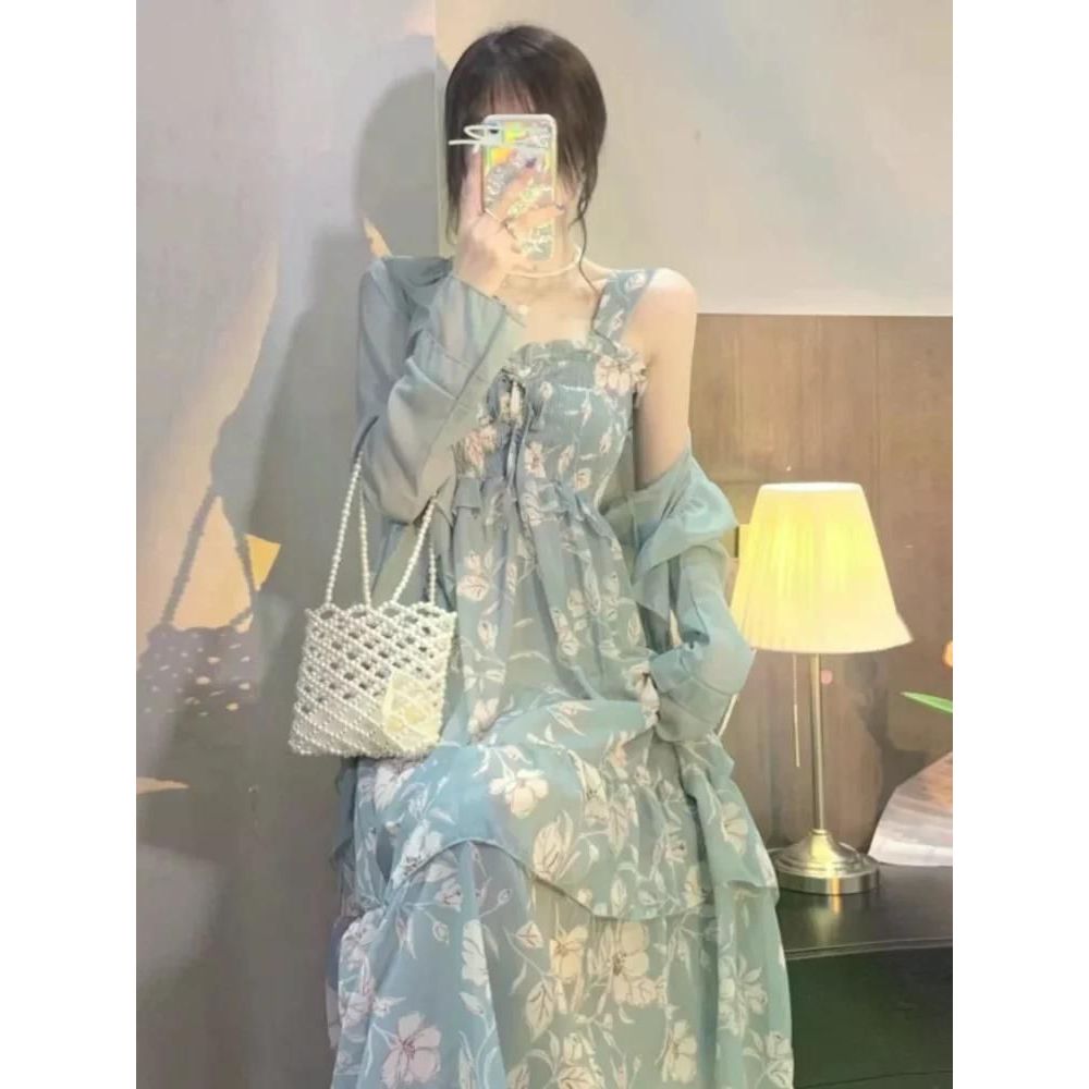 여친룩 데이트룩 봄 하이 엔드 투피스 양복 긴 드레스 여성을위한 우아한 꽃 분할 탱크 37.5kg-45.0kg (가디건) - 상품 이미지