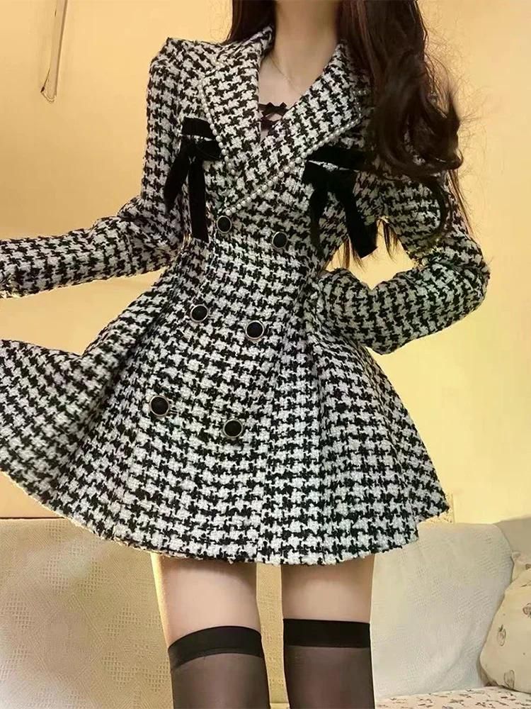 여친룩 데이트룩 격자 무늬 빈티지 카와이 드레스 우아한 파티 미니 여성 원피스 가을 Houndstooth S - 상세 이미지 4