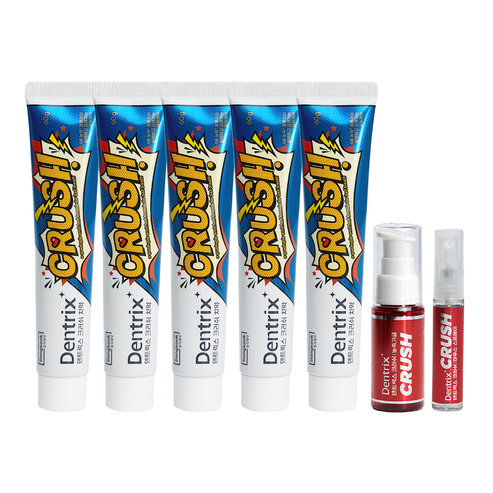 동국제약 덴트릭스 크러쉬 3종 세트 (치약 60g 5개+가글25ml 1개+스프레이7ml 1개) - 상품 이미지