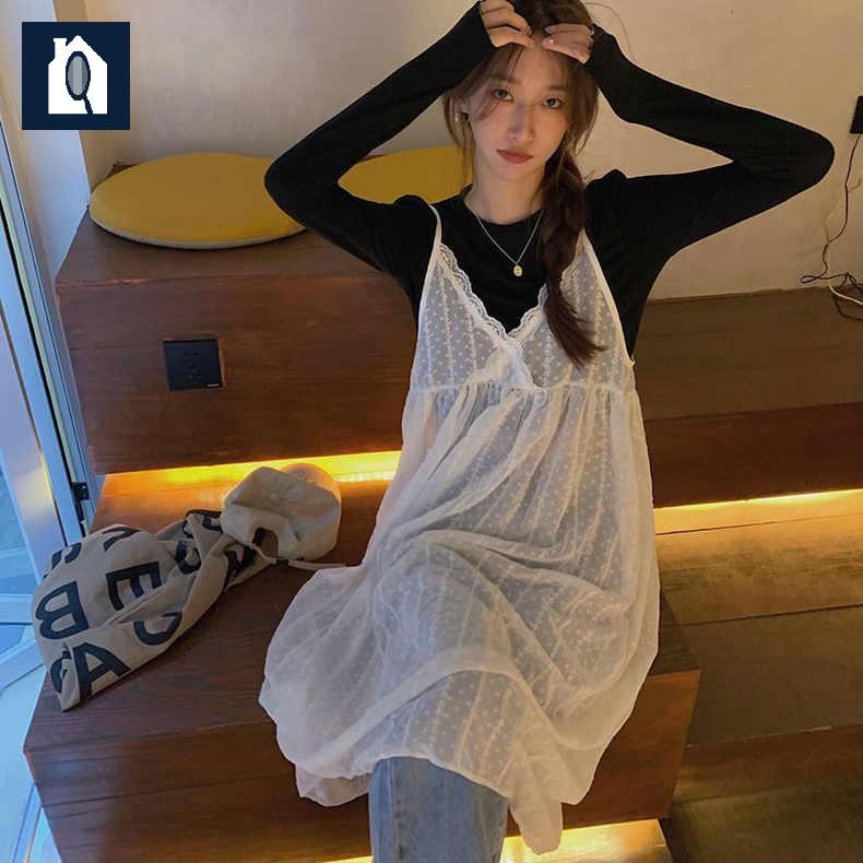 심플 레이스 프렌치 뷔스티에 시스루레이어드원피스 끈나시 망사 - 상품 이미지