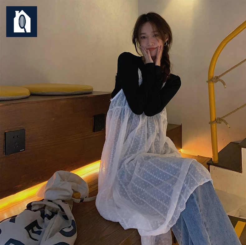 심플 레이스 프렌치 뷔스티에 시스루레이어드원피스 끈나시 망사 - 상세 이미지 4