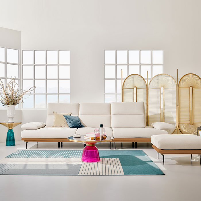 [에싸] 클로에 4인 스윙기능 리브 패브릭 소파+스툴