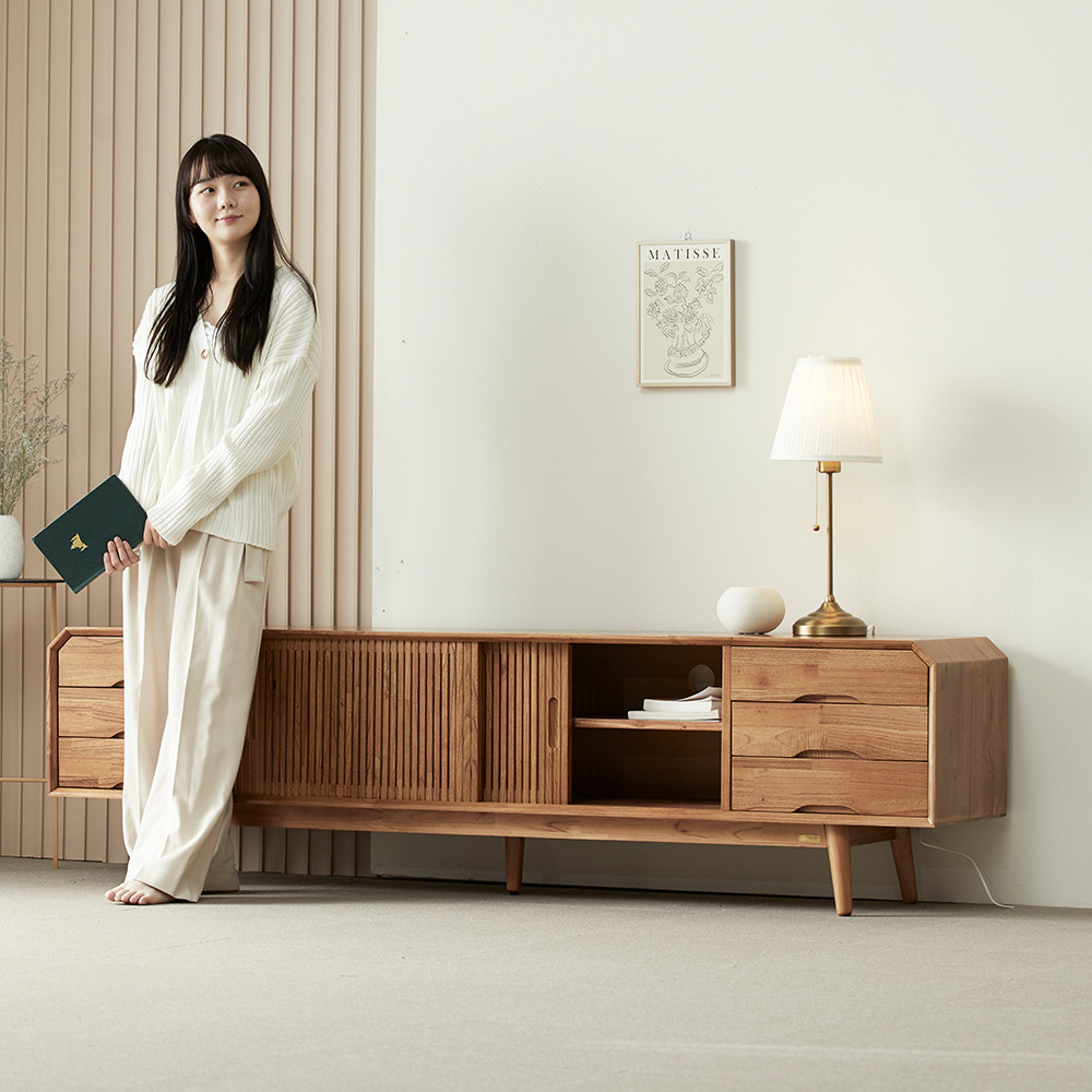 [무료배송] 참죽나무 원목 티비다이 루버린 TV 거실장 2000