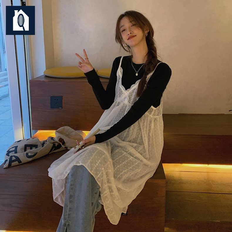 심플 레이스 프렌치 뷔스티에 시스루레이어드원피스 끈나시 망사 - 상세 이미지 2