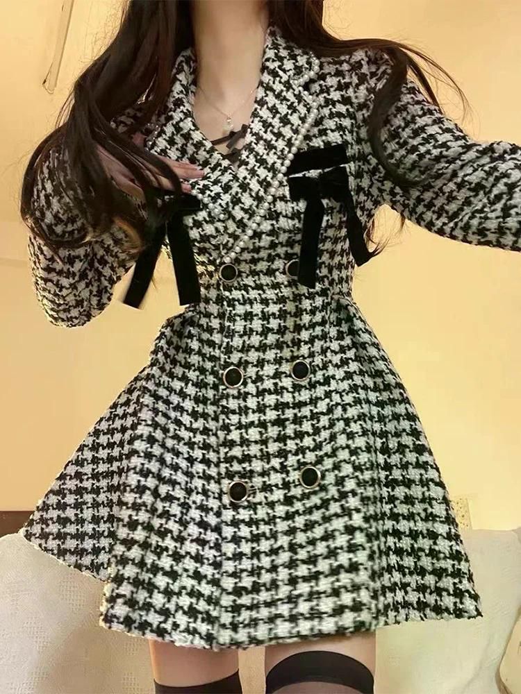 여친룩 데이트룩 격자 무늬 빈티지 카와이 드레스 우아한 파티 미니 여성 원피스 가을 Houndstooth S - 상세 이미지 3
