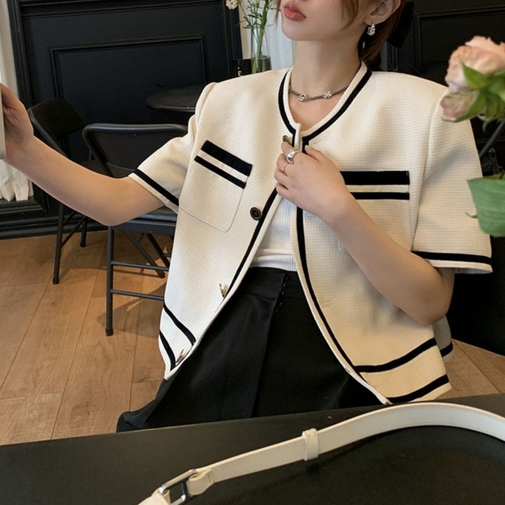 반팔 노카라 자켓 여름 하객룩 패션 배색 고급 디자인 청순 여친룩 우아한 블랙 화이트 - 상품 이미지