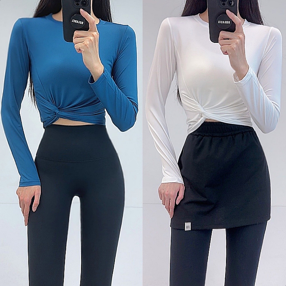 로라벨 듀얼 필라테스복 여성 요가복 필라테스 요가 상의 옷 커버업 운동복 탑 크롭 긴팔 - 상세 이미지 2