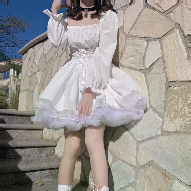 화이트 로리타 드레스 귀여운 빈티지 긴팔 미니 블랙 고딕 붕대 레이스 패치워크 스트리트웨어 스퀘어 칼라 Black S - 메인 이미지