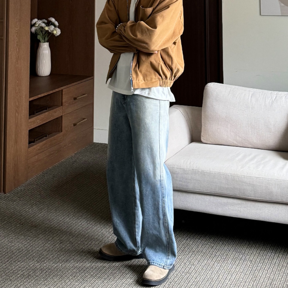 남자 베알 봄 가을 사계절 사이드 브러쉬 워싱 와이드 데님 이미지 7