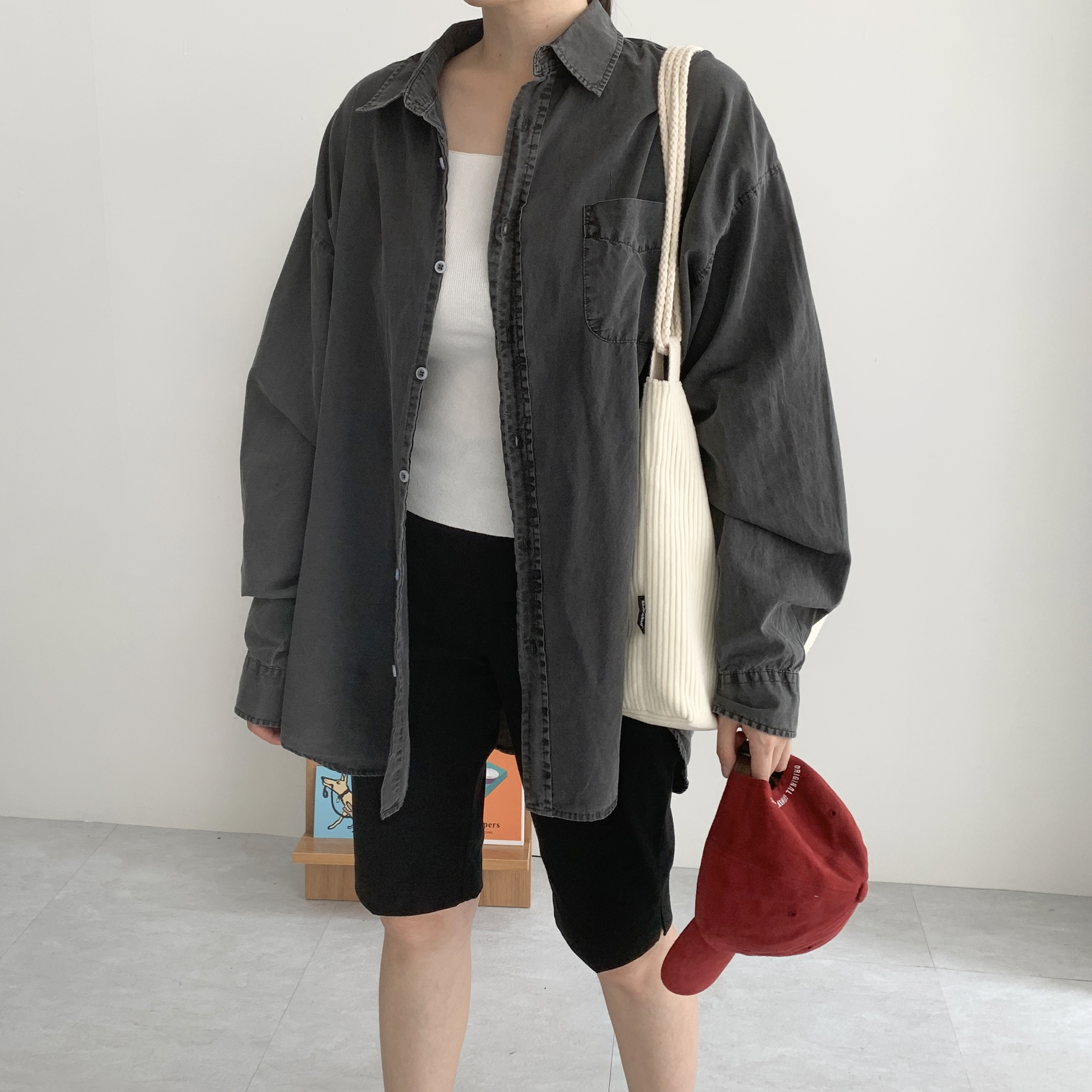 피그먼트셔츠 가을 오버핏셔츠 차콜 핑크셔츠 - 상세 이미지 2