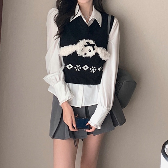 입체 푸들 니트조끼 브이넥 크롭 패턴스타일 유니크 디자인 캐주얼 레이어드 패션 코디 - 상품 이미지