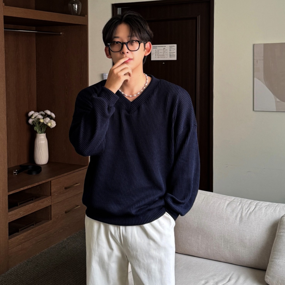 1+1 남자 엘구 오버핏 봄 가을 골지 브이넥 맨투맨 - 상세 이미지 2