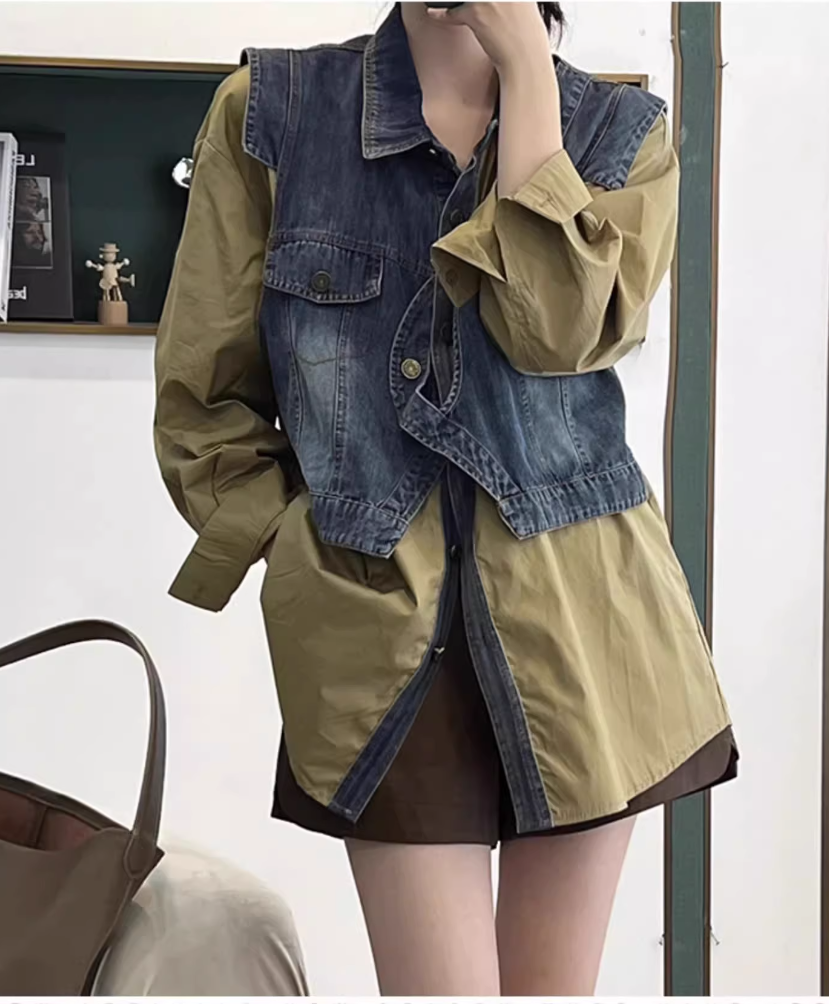 루즈핏 페이크 데님 청조끼 + 셔츠 레이어드룩 - 메인 이미지