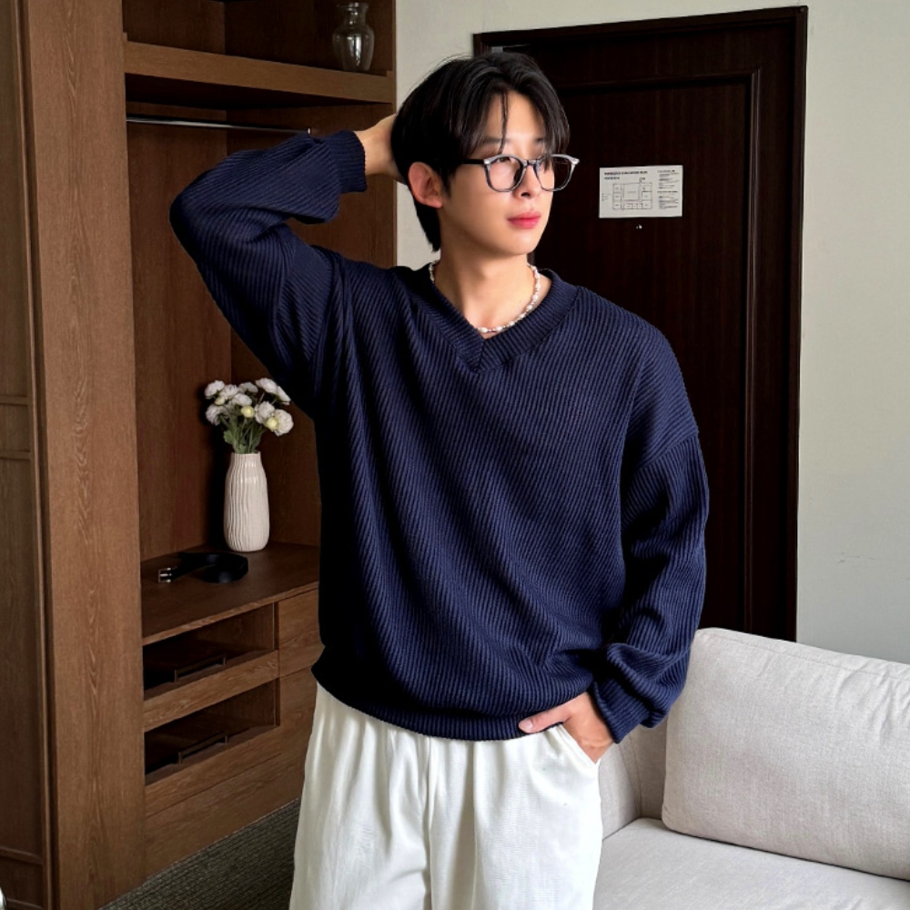 1+1 남자 엘구 오버핏 봄 가을 골지 브이넥 맨투맨