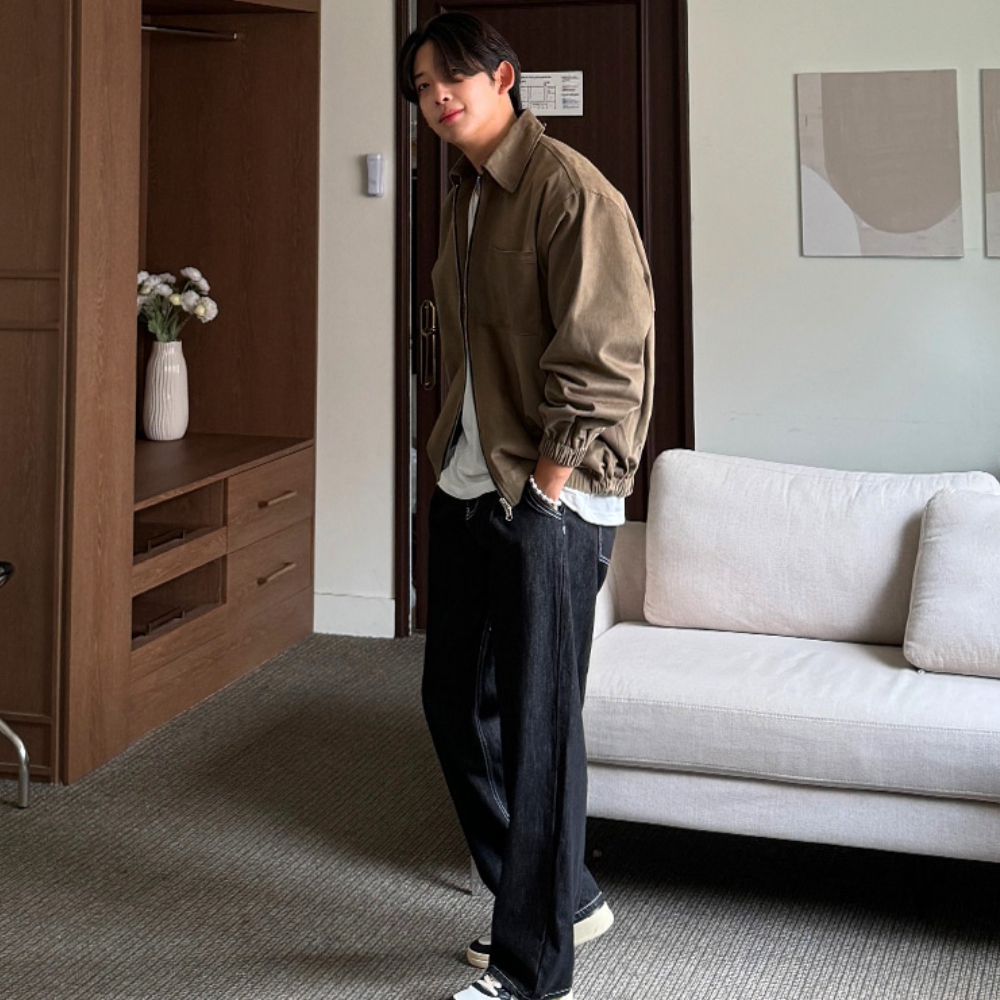남자 투알 오버핏 봄 가을 면 카라 블루종 집업 자켓 - 상세 이미지 5