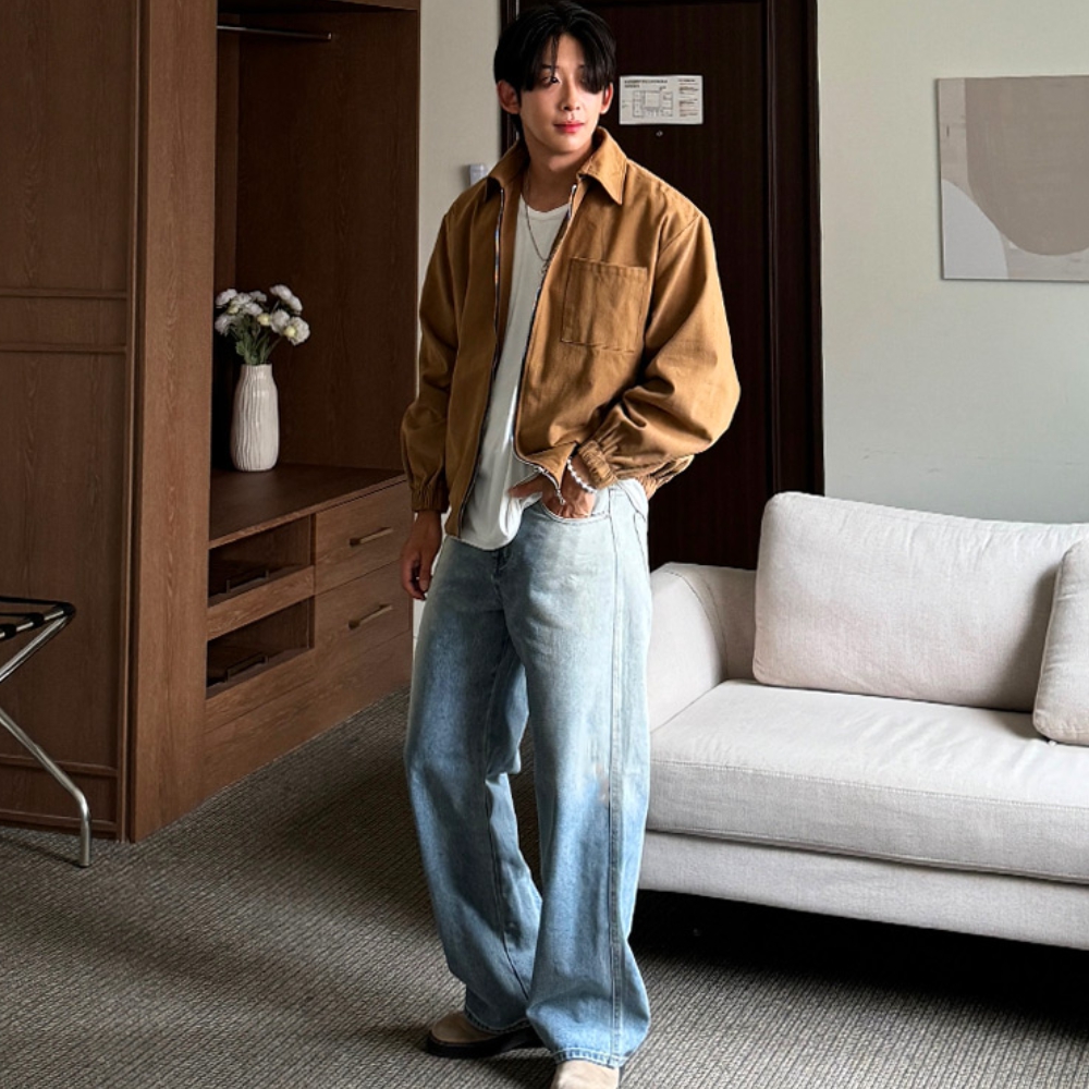 남자 베알 봄 가을 사계절 사이드 브러쉬 워싱 와이드 데님 - 상세 이미지 2