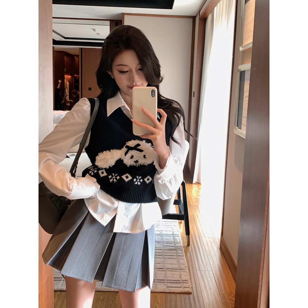 입체 푸들 니트조끼 브이넥 크롭 패턴스타일 유니크 디자인 캐주얼 레이어드 패션 코디 - 상세 이미지 4