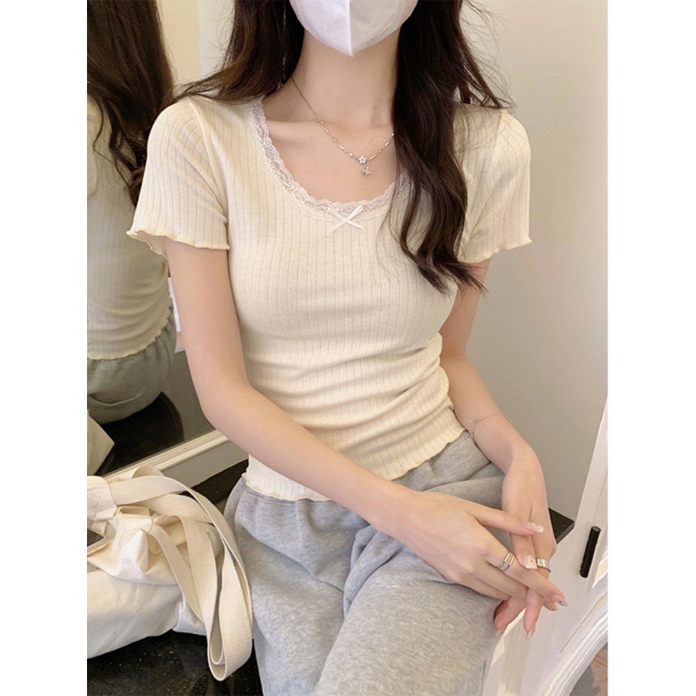 라운드넥 레이스 반팔티 리본장식 물결소매 레이어드 청순 이너 패션 코디 3컬러 - 상세 이미지 4