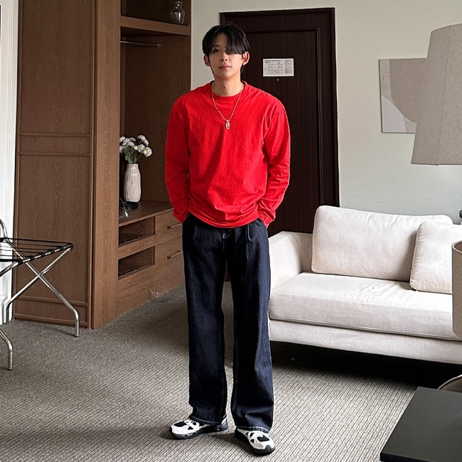 남자 베투 봄 가을 사계절 논페이드 원턱 생지 와이드 데님 - 상세 이미지 4