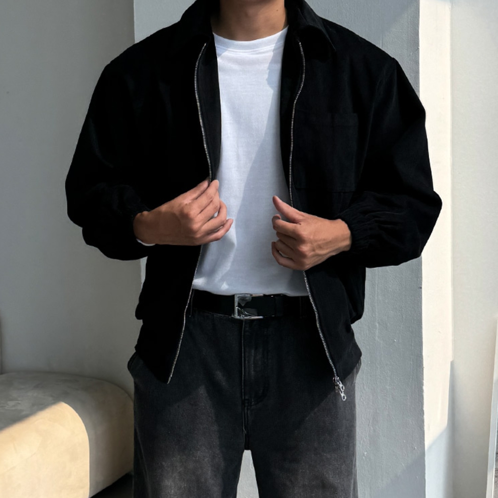 남자 투알 오버핏 봄 가을 면 카라 블루종 집업 자켓