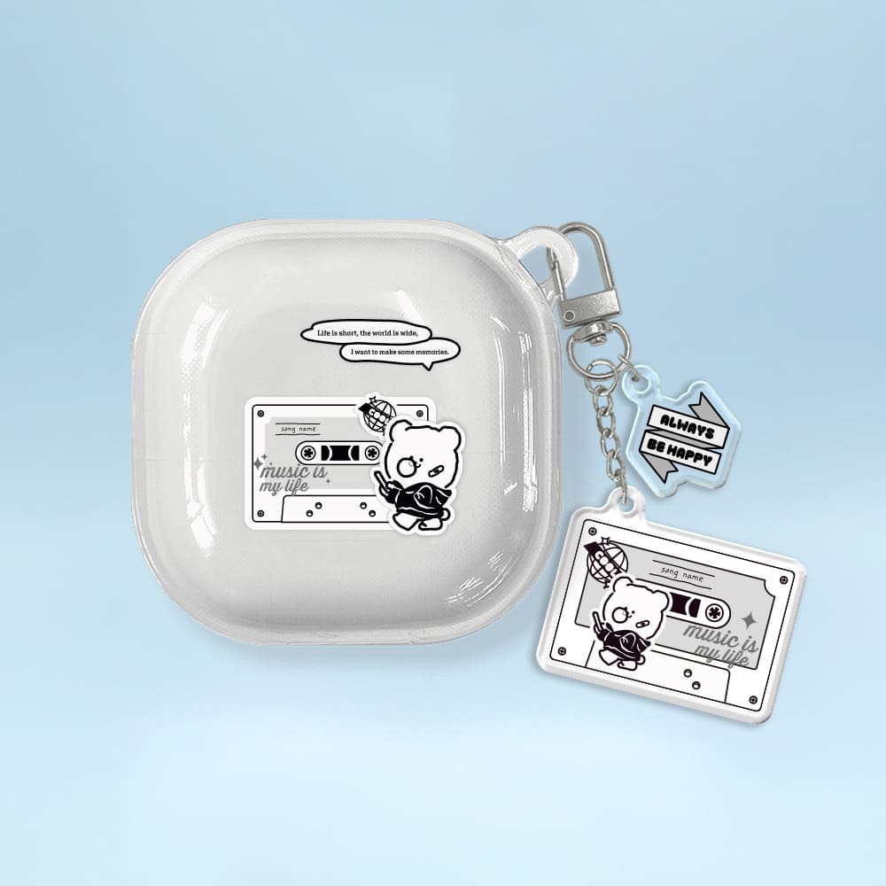 갤럭시 버즈라이브 케이스 키링 세트 투명 카세트 테이프 곰찌