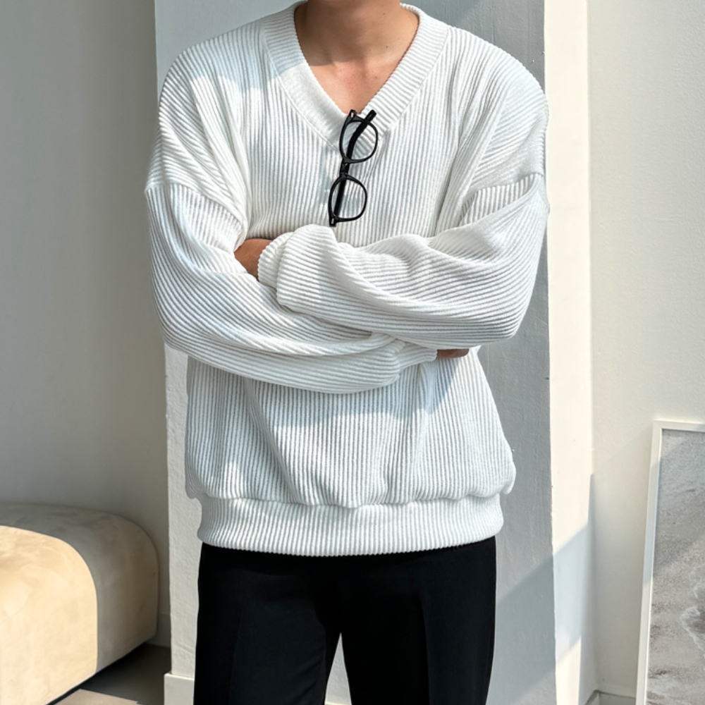 1+1 남자 엘구 오버핏 봄 가을 골지 브이넥 맨투맨 - 상세 이미지 4