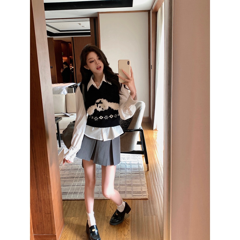 입체 푸들 니트조끼 브이넥 크롭 패턴스타일 유니크 디자인 캐주얼 레이어드 패션 코디 - 상세 이미지 3