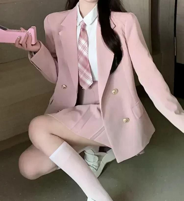 일본 학생 교복 패션 스위트 블레이저 여학생 유니폼 섹시한 카와이 미니 플리츠 스커트 핑크 JK 세트 S
