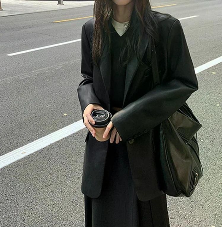 여친룩 데이트룩 여성용 가죽 재킷 캐주얼 블랙 펑크 인조 코트 우아한 아웃웨어 블레이저 Black S - 상세 이미지 3